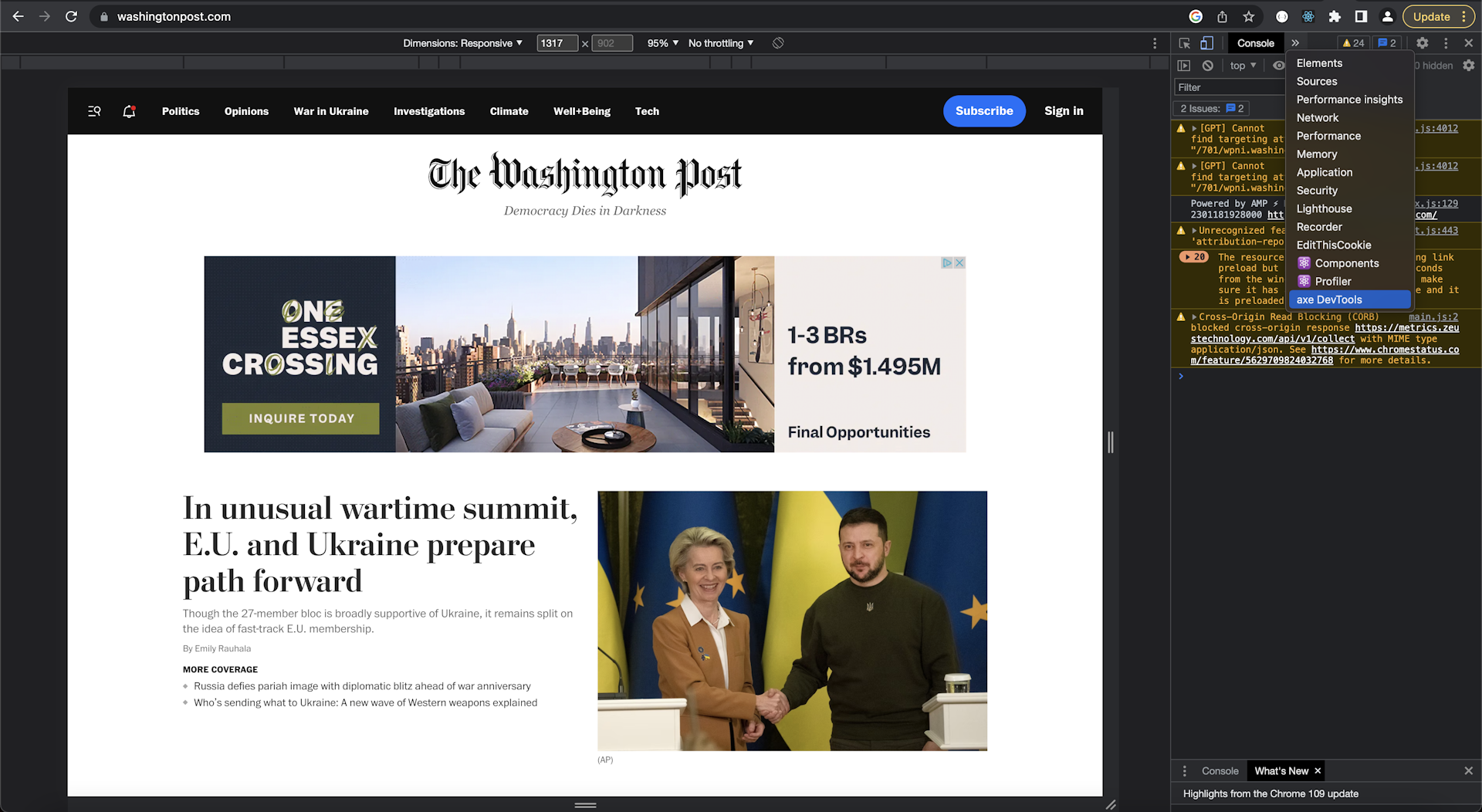 Screenshot shows the Chrome dev tools menu open to the right of The Washington Post homepage. In the Chrome dev tools' 'More tabs' dropdown menu, the axe DevTools extension is highlighted as the user has it in focus.