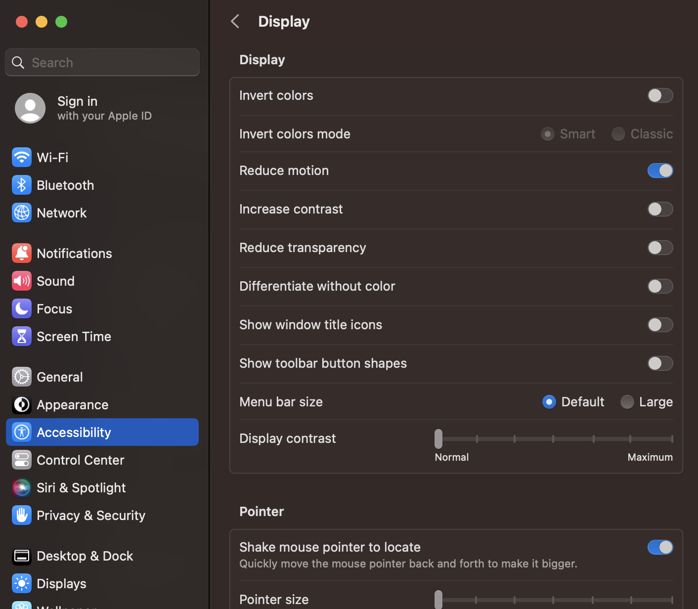 Screenshot of Mac System Settings menu showing the reduce motion toggle is turned on.