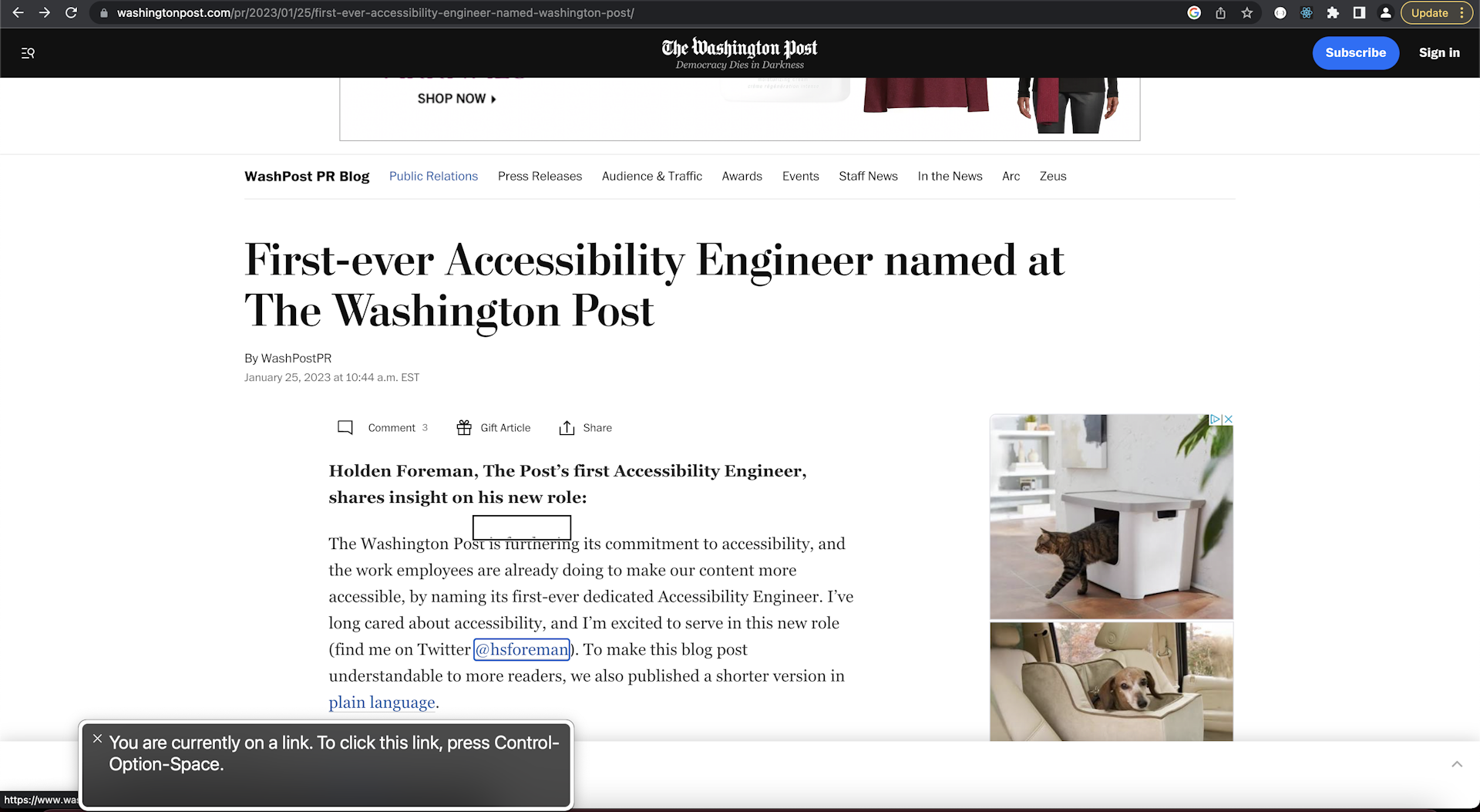 Screenshot shows VoiceOver in use on a Washington Post article. A hyperlink on the page has a blue ring around it as it is currently in focus, and a box in the bottom left corner of the screen shows the link text that VoiceOver is reading aloud to the user.