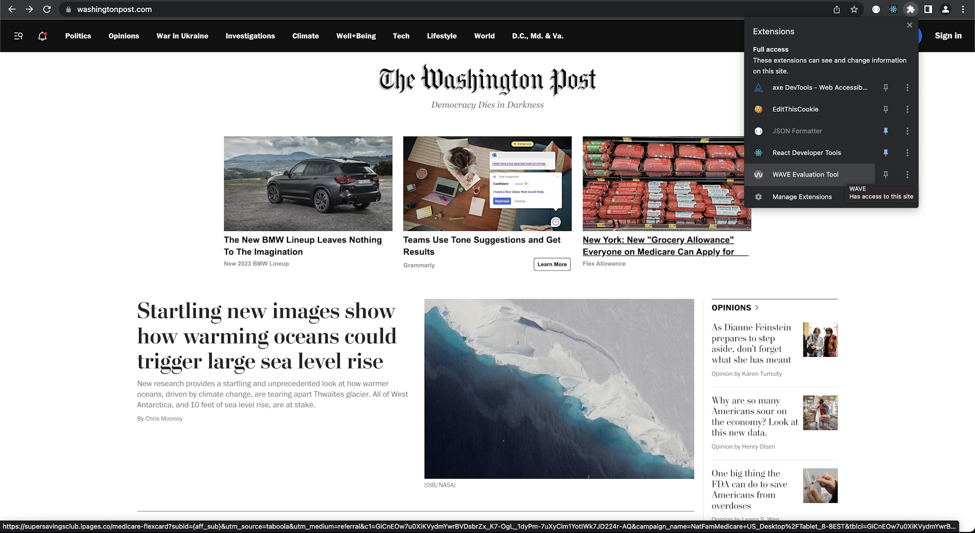 Screenshot shows The Washington Post homepage with the Chrome browser extensions menu open in the top right corner of the browser. The WAVE Evaluation Tool is highlighted in the menu as the user has it in focus.