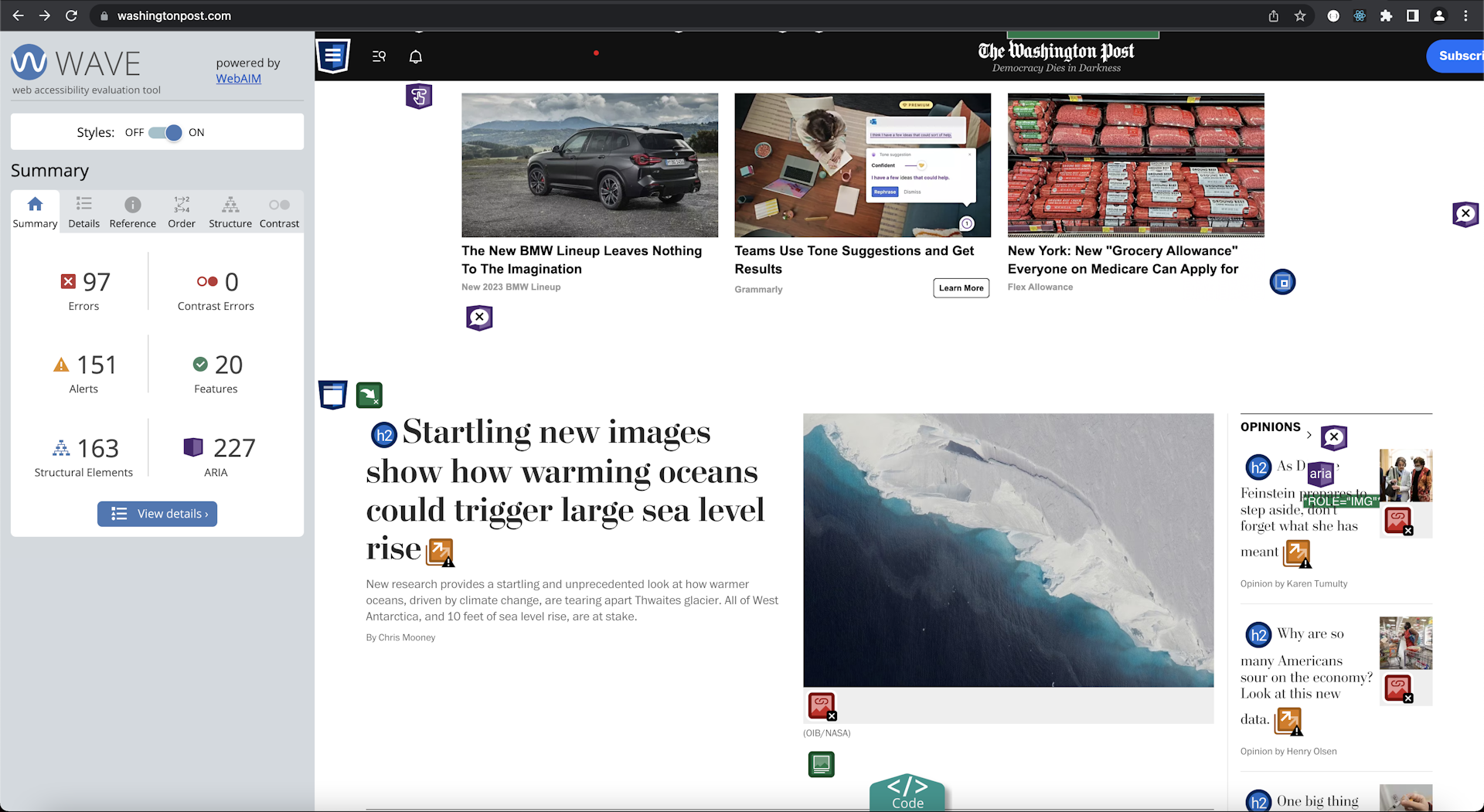 Screenshot shows The Washington Post homepage with the The WAVE Evaluation Tool menu open on the left side of the screen. The menu lists a summary of errors, alerts and other notices on the page, and the homepage itself has colorful icons sprinkled throughout it to show where the tool's audit flagged things that can be viewed in more detail.
