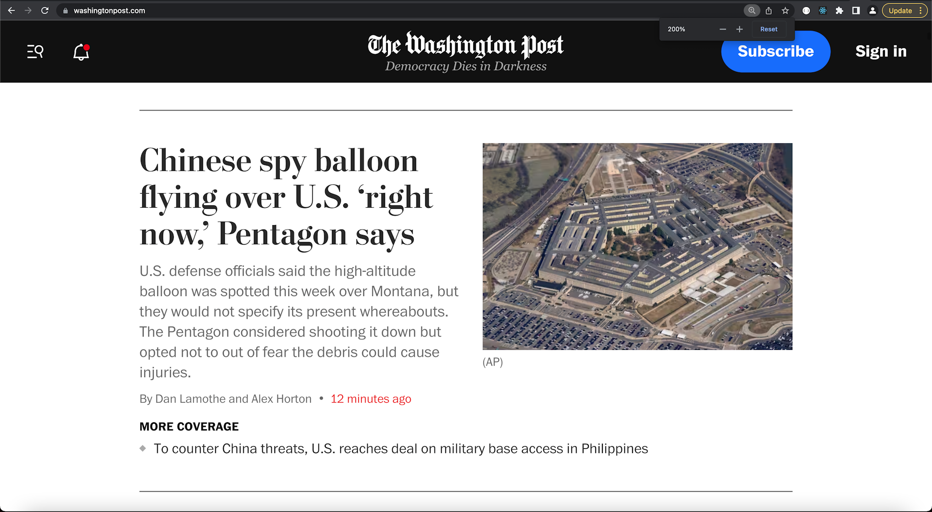 Screenshot shows The Washington Post homepage at 200% page zoom.